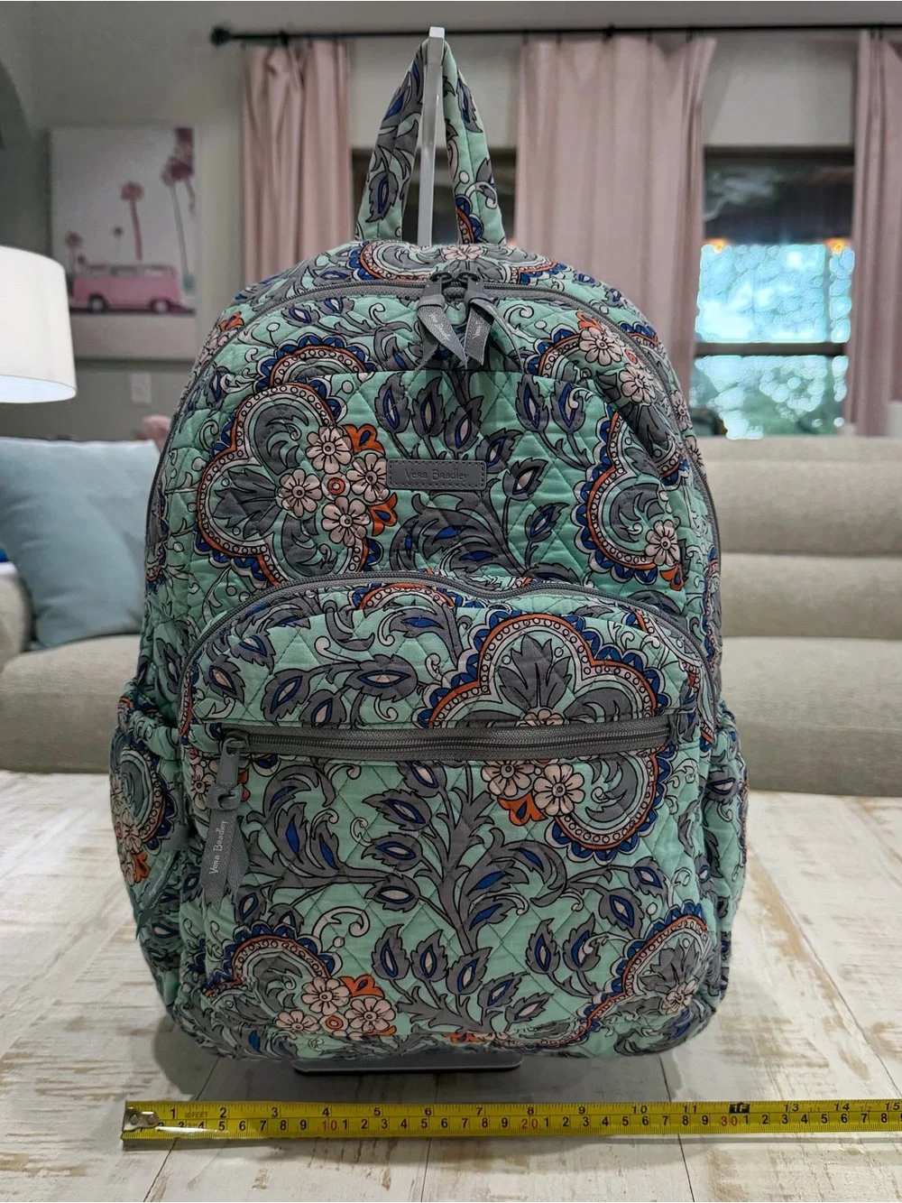 Vera Bradley Mint Green Quilted Floral Backpack Fan Flowers Purse School